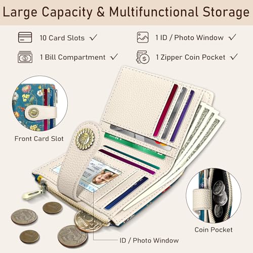 Image of Kelvoris Blue Vibrant Floral Small Rfid Women Wallet Zipper Coin Pocket | Bifold PU Leather Compact Cash Credit Card Holder Travel Purse for Female Ladies Teen Girls 1 ID Window 10 Card Slots