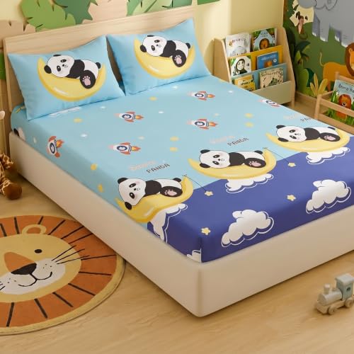 Image of Filymore Elastic Fitted Double Bedsheet with 2 Pillow Covers | 240 TC Soft Microfiber Elastic Fitted Bed Sheet for Double Bed (72 inch x 72 inch Inch Mattress) | Cloud Panda Black and Blue