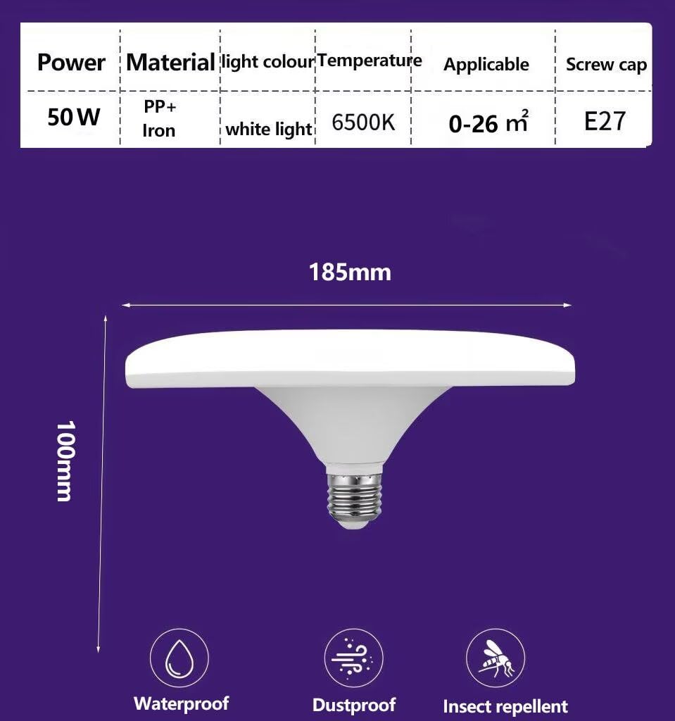 Bombilla LED E27 Base 50W 6500K Luz Blanca UFO Ahorradora de energía Bulb, Portátil Cableado fijo Iluminación, para viviendas, espacios exteriores, garajes, almacenes y jardines.(Blanco)