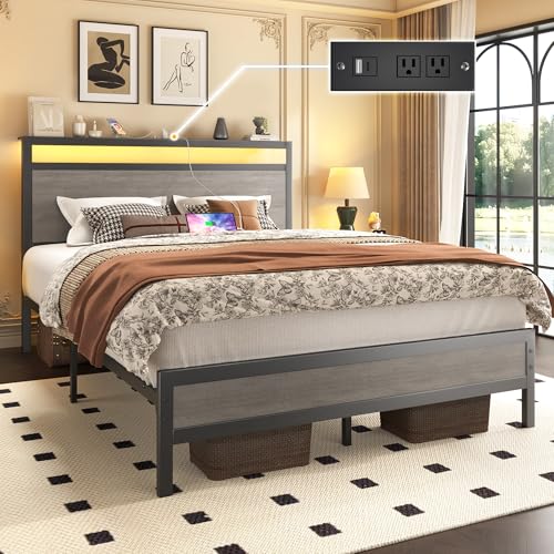 Image of Fluest Full Bed Frame with Headboard & Footboard, Full Bed Frame with Built-in Charging Station & LED Light, Storage Shelf, Noise-Free, No Box Spring Needed, Easy Assembly, Rustic Grey