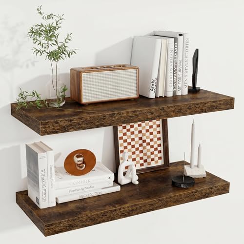 Image of Fun Memories 12 Deep Floating Shelves for Wall | 30W x 12D Large Floating Shelves | 2 Pack Storage Space Wall Mount Shelf for Living Room Bathroom Toilet Laundry Room Kitchen Home Office - Brown