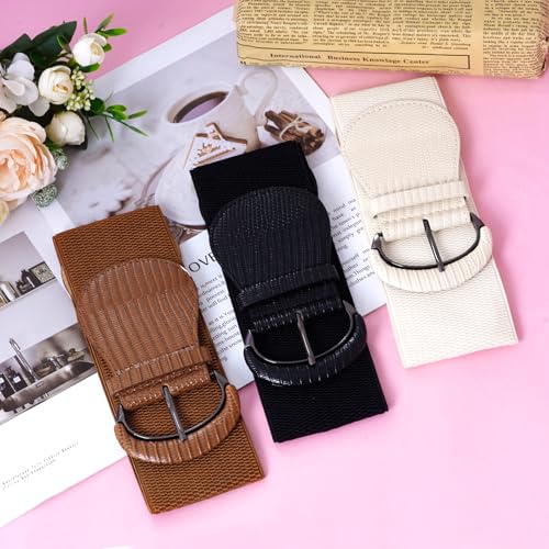 3 Pack Women Wide Elastic Waist Belt Vintage Stretch Belt Dress Sweater Fashion Wear Black White Brown Fashion Accessory for Lady Dress2