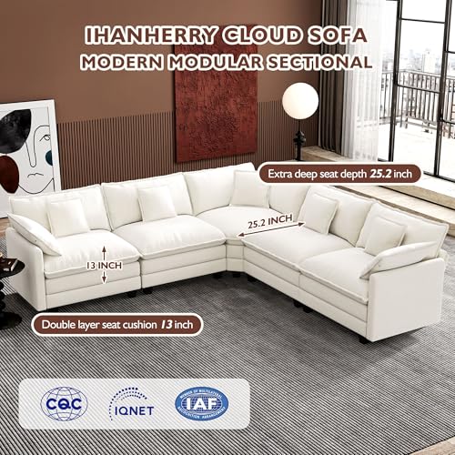 Image of Ihanherry 114 inch V-Shaped Modern Sofa Modular Sectional Cloud Couch with Corner Section, 5-Seat Chenille Deep Seat Sofa with 5 Pillows for Living Room, Bedroom and Apartment, Beige
