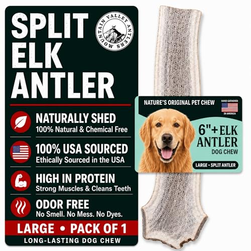 Mountain Valley Elk Antlers for Dogs - 100% Natural & Organic Chew for Aggressive Chewers No Odor No Mess Long Lasting - Wild-Foraged Naturally Shed Antlers - Grade A 6 Split Large (1 Pack)