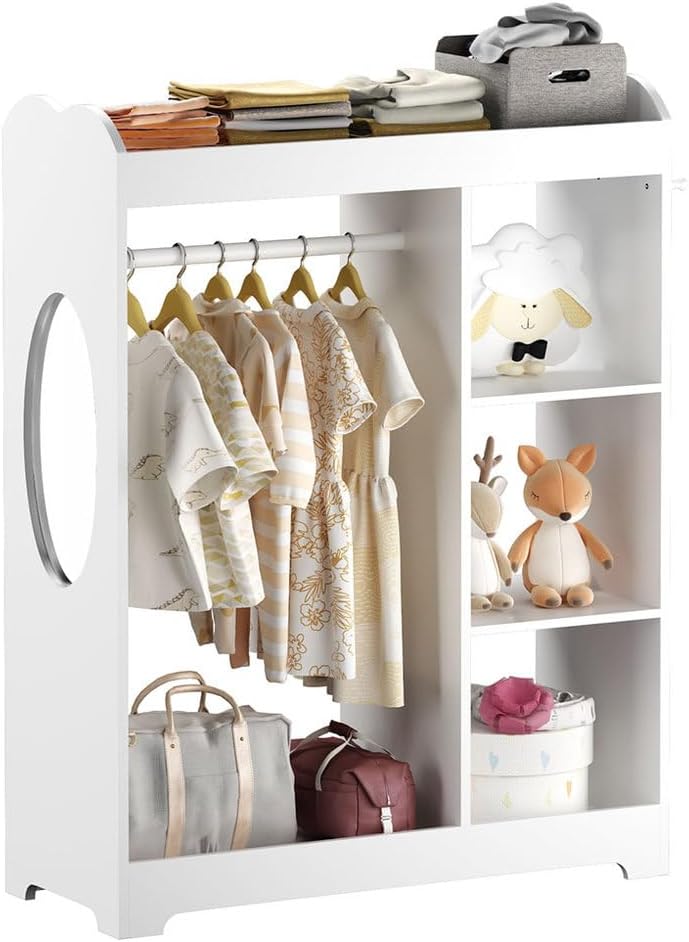 Kids Dress Up Storage, 4-Tier Toy Organizers with Mirror and Hooks, Storage Shelves and Top Shelf, Toddler Costume Organizer with Hanging Rod, 3 Side Hooks,for Bedroom Playroom Preschools