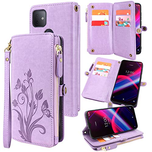 Lacass [Cards Theft Scan Protection] 10 Card Slots Holder Zipper Pocket Wallet Case Flip Leather Cover with Wrist Strap Magnetic Closure Stand Carrying Pouch for T-Mobile Revvl 4 Plus(Floral Purple)