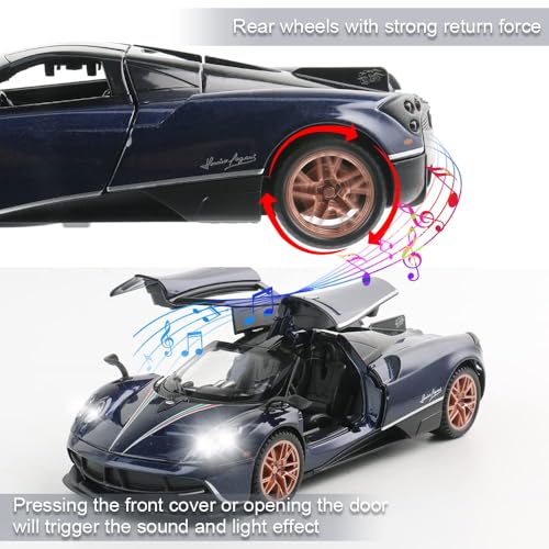 Image of 1 /32 Pagani Huarya Roadster Exclusive Alloy Metal Pull Back Die-Cast Toy Car with Openable Doors & Light Music Collectible Sound Light Toy for Kids Best Birthday Gift (Blue)