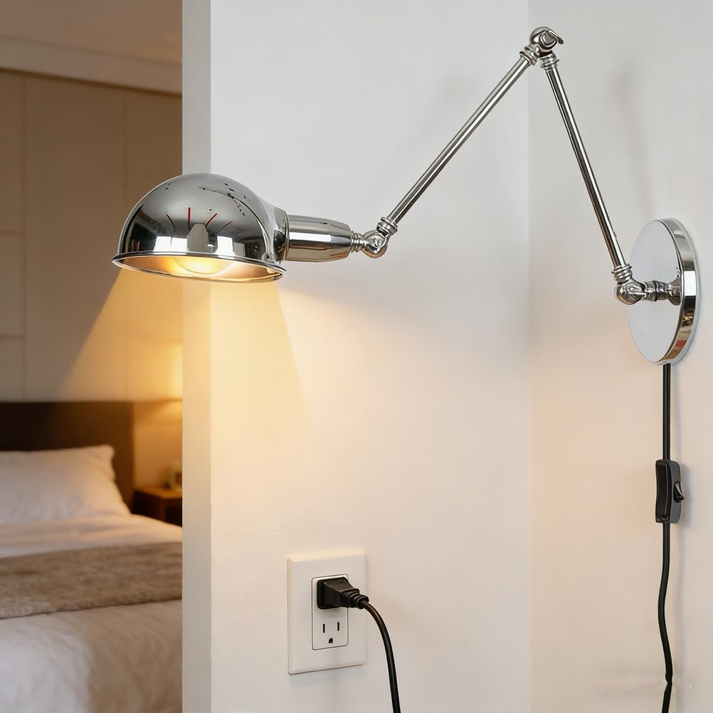 Retro Wandleuchte Innen Verstellbar Langer Arm Nachttisch Wandlampe innen Kabel Stecker Wand-Leselampe Metall Schirm E27 Vintage Industrielampe Schlafzimmer Café