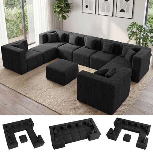 Image of MONVANE Oversized Boneless Sectional Couches for Living Room, 10-Seat Cloud Couch, Modular Sofa with Ottoman & 10 Throw Pillows, Comfy Chenille, No Assembly Required, Black