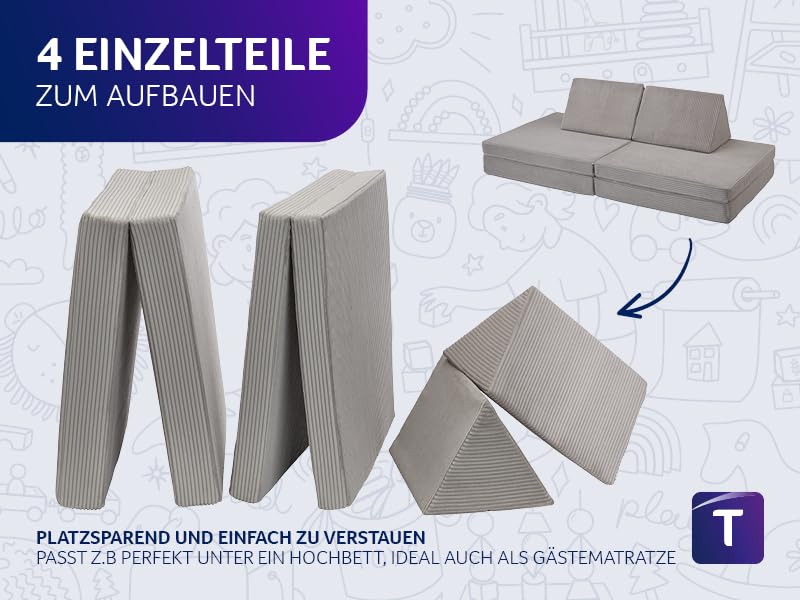 Traumnacht Abenteuer Sofa mit kuscheligem Bezug aus hochwertigem Kord Gewebe, waschbar, 81,5 x 81,5 x 12 cm, steingrau, produziert nach deutschem Qualitätsstandard
