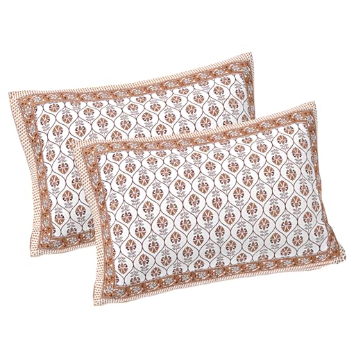 Image of Living Roots Jaipuri Hand Block Print Double Cotton Bedsheet & 2 Pillow Covers, for Mattress Upto 8 inches Thick, No Colour Bleeding, Orange Colour, Super King Size 96 * 104 inches, 150TC (573-B)