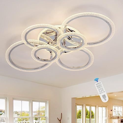 Becailyer Modern LED Ceiling Light Fixture 6-Rings Flush Mount Ceiling Lamp Dimmable Ceiling Chandeliers 76W Close to Ceiling Lighting Fixture for Living Room Dining Room Bedroom, Chrome