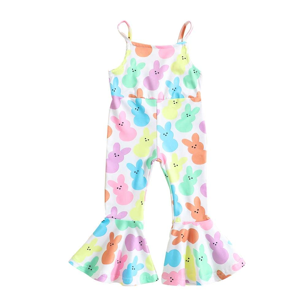 GLIGLITTR Easter Outfits for Toddler Baby Girls Bell Bottoms Romper Bunny Floral Jumpsuit Cute One Piece Flare Overalls Pants