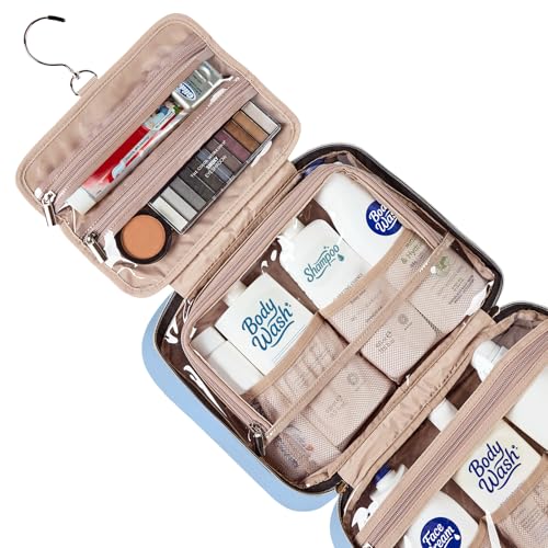 Image of NISHEL Travel Toiletry Bag for women, Portable Hanging Organizer for Full-Sized Shampoo, Conditioner, Brushes Set, Travel-Size Accessories, Placid-Blue, Large, Stylish
