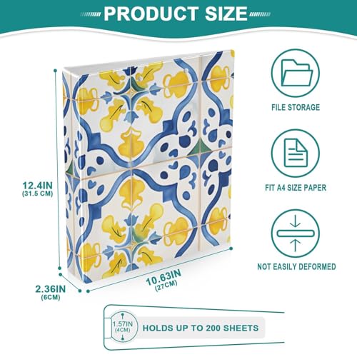 Image of 3 Ring Binder Blue Mandala Lemon Paisley Aztec 1.5 inch Binders Three Ring Binders with Clipboard Fit 8.5'' x 11'' Paper 3 Interior PVC Clear Pockets for Office Supplies
