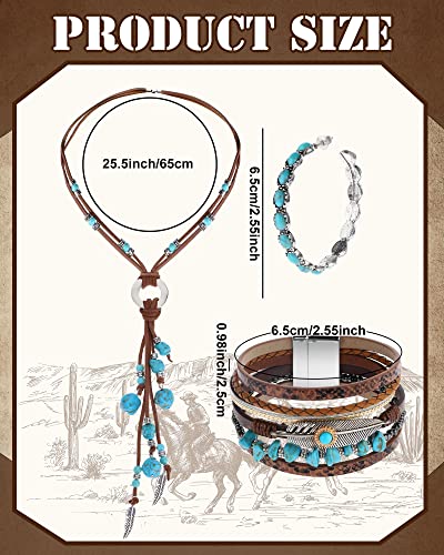 Janmercy 4 Pcs Boho Jewelry Set Straw Cowboy Hat with Vintage Synthetic Turquoise Necklace, Bracelets, Earrings for Women3