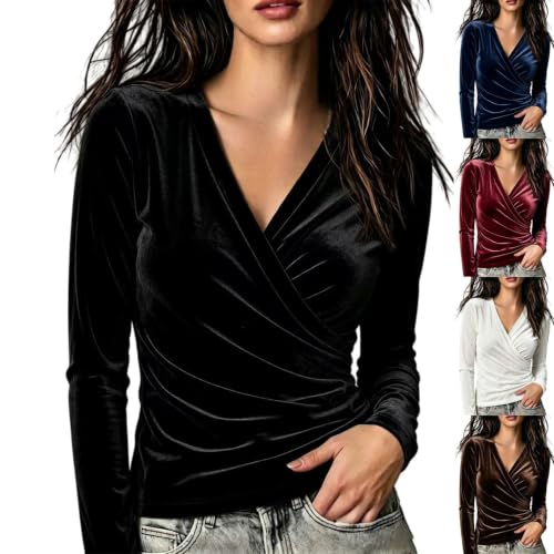 Velvet Warp Tops for Women V Neck Shirt Ruched Slim Fit Y2K Tees Black S | Black Womens Velvet Top Waist Hugs Cures Long Sleeve V Neck Casual Dressy Top Warm Soft Cotton Fall Outfit Going Out Blouse - image 1