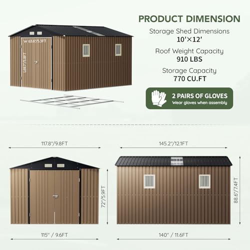 Image of Upgrade 10x12 FT Outdoor Metal Storage Shed with Floor Frame, Double Swing Doors, 2 Clear Windows, Replaceable Skylight Roof Panel, Tool Shed for Garden, Patio, Backyard Brown