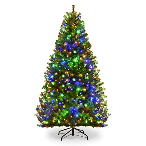 COSTWAY 5 FT Pre-lit Christmas Tree, Artificial Xmas Tree with 150 Warm White & Multicolored Lights, 11 Modes, 600 Branch Tips, Metal Support, Holiday Decoration Fake Tree for Home, Office, Party