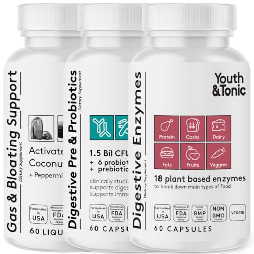 Youth & Tonic Digestion Stomach Support & Detox for Regularity, Gas & Bloating & Gut Health. All Types Digestive Enzymes Probiotics & Prebiotics Charcoal Peppermint & Organic Coconut Oil 180 Pills