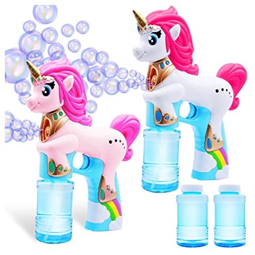 JOYIN 2 Colored Automatic Unicorn Bubble Blaster Guns with 4 Bubble Solutions (4oz) for Kids, Outdoor Summer Fun, Party Favors, Summer and Birthday Party