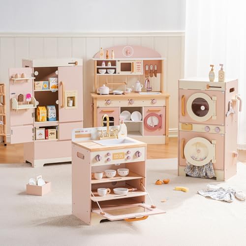 ROBOTIME Wooden Kids Play Kitchen 4-in-1 Toddler Play Kitchen Set with Fridge Washer & Dishwasher Wooden Corner Cooking Playset for Boys & Girls Ages 3+