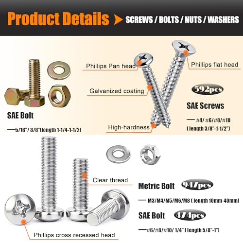 Image of Dianrui 2013 PCS Metric & SAE Nuts & Bolts & Wood Screws Assortment Kit, Phillips Pan Head & Flat Head Screw, Grade 8.8 Metric Hex Bolt Set and Assorted Screws Nuts Bolts Washers (3 Trays)