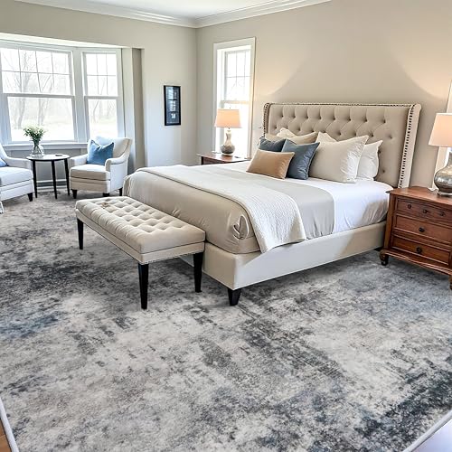 RUUGME Washable Abstract 12x15 Rug - Large Area Rugs for Living Room Waterproof Indoor Ultra Thin Mat for Bedroom Stain Resistant Non Slip Backing Distressed Soft Farmhouse Floor Carpet 12x15 Blue
