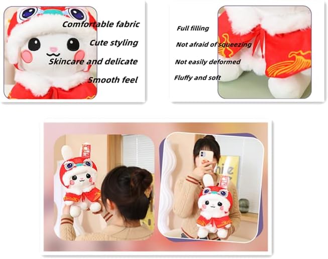 Rabbit Stuffed Animal Plush Pillow Toy Chinese New Year Plushes Year Zodiac Rabbit Mascot Decoration Gift for Adult Kids Spring Festival,11.8'' Red image 4