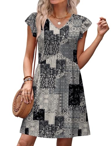 Image of OFEEFAN Summer Dresses for Women Beach Vacation Clothes V Neck Ruffle Sleeve Babydoll Dress Elegant Classy Sundress
