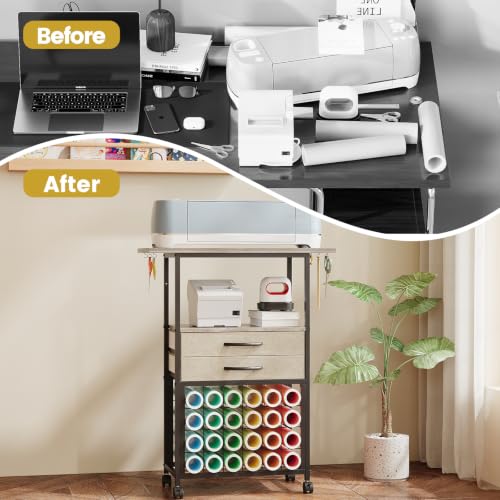 Image of VENNQD Organizer and Storage Stand Compatible with Cricut Machines,Rolling Storage Cart /Shelf with 24 Vinyl Roll Holders,2 Fabric Drawer,Accessories Holder,Tool Hook for Craft Room Home (Greige)