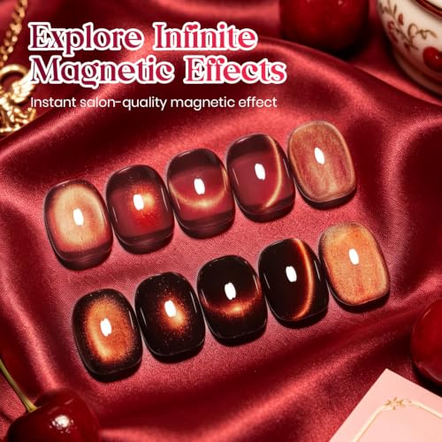 Image of Beetles Red Cat Eye Gel Nail Polish, 15ml Vintage Cherry Magnetic Gel Shine | with 2 Magnets, Glass Cat Eye 3D Shimmer Fall Gel Soak Off UV LED Nail Art Manicure for Women Salon and Home Use