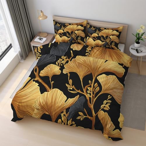 Generisch Ginkgoblatt Bettwäsche 135x200cm, Modern Schwarz Gold Blätter...