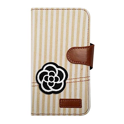 sslink iPhone17 Air アイフォン17エア 対応 ケース 手帳型 カメリア(ブラック×ホワイト) デコ かわいい おしゃれ ワッペン 刺繍 キラキラ ヒッコリー(ベージュ) ワッペン 刺繍 生地 布 ファブリック カード収納 フリップ カバ