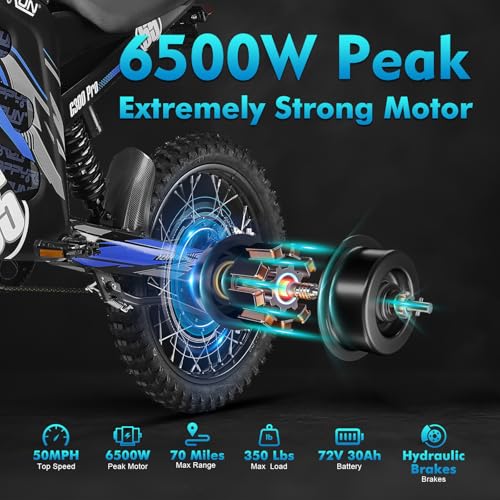 HAPPYRUN Electric Dirt Bike 6500W Peak Motor 72V 30Ah Battery Electric Bike for Adults 50MPH Top Speed 70+ Mile Range Ebike Hydraulic Brakes Electric Motocycle G300pro