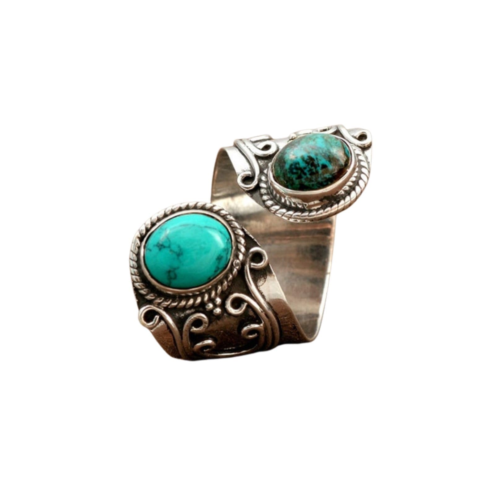 Bohemian Vintage Turquoise Oval Flower Rings Geometric Ethnic Natural Stone Adjustable Silver Joint Knuckle Rings Western Cowgirl Statement Jewelry blue