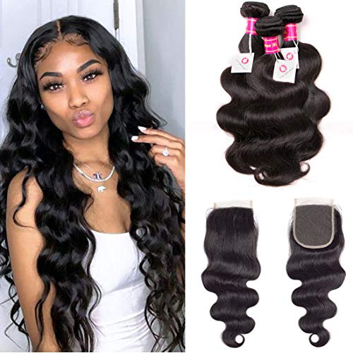 Aphro Hair Brazilian Body Wave Bundles with Closure Brazilian Human Hair Bundles with Closure 3 Bundles with 4x4 Lace Closure Natural Color (20 22 24 with 18)