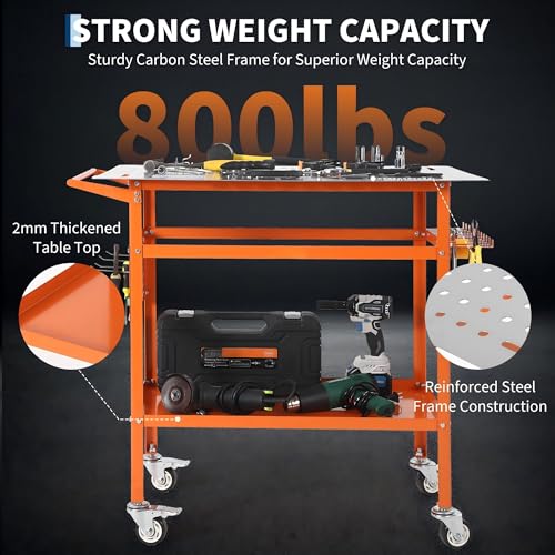 Image of 36x24in Welding Table 800LBS Mobile Workbench with 4 Wheels & Fixed Base | Movable Steel Work Bench with Side Pegboard, Hooks, Storage Tray, for Garage Workshop, Welding, Assembly and Repair
