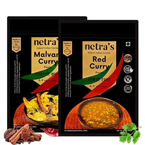 Netra’s Instant Ready To Cook Red Curry & Malvani Curry Paste 200g,100% Natural | Preservative-free 8 Servings each (Combo Pack)