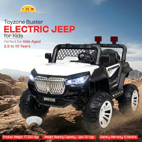 Image of Toyzone Buster Electric Jeep (White) | 12V Rechargeable Ride on with 8Ah Battery | Music Player with BT, USB & AUX | Smooth Acceleration | 6M Battery Warranty | Age 3-12 Years, Upto 50 kg