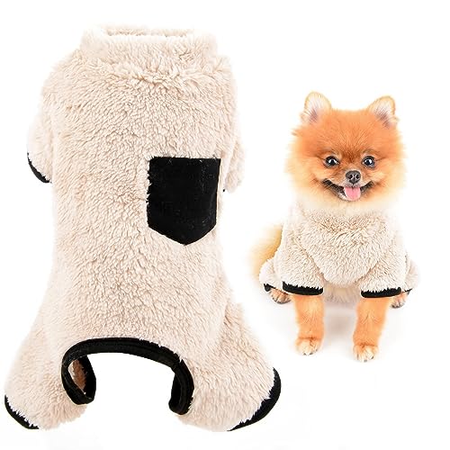 SMALLLEE_LUCKY_STORE 犬 服 秋 冬 つなぎ 厚手ロンパース ポケット付き子犬小型犬中型犬カバーオール 洋服猫服 可愛ふわふわ フリースパジャマ部屋着 ペット服犬の服暖かい防寒コートチワワ散歩服ドッグウェア お出かけウェアに,ベージュ,