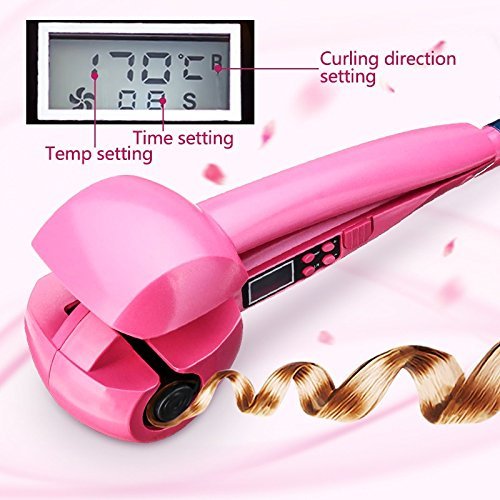 Temperature Adjustable Professional Auto Rotating Steam Curl Ceramic Curler with Spray Steamer (Pink)