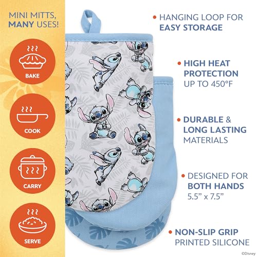 Image of Disney Stitch Mini Oven Mitts, 2-Pack, Heat Resistant 450F | Compact 5.5 inchx7.5 inch pot holders for kitchen, printed silicone offers non-slip grip, ambidextrous,hand wash or spot clean