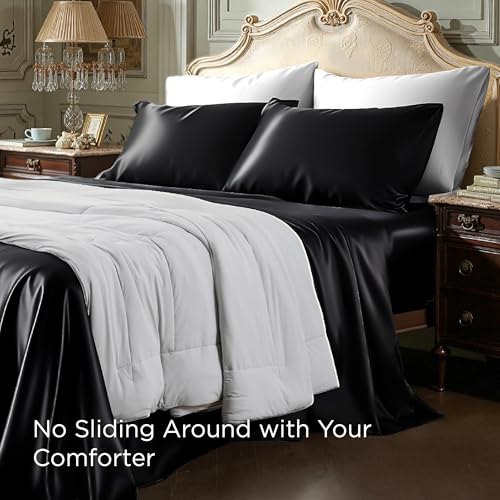 Image of Bedsure Black Satin Sheets King Size, Soft Silky Bedsheets for Hair & Skin | Similar to Silk Bed Sheets Set 4 Piece with 15 Inches Deep Pocket Fitted Sheet,1 Flat Sheet, 2 Satin Pillowcases