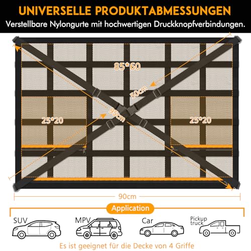 HAPPY FINDING Autodach Gepäcknetz Decke, 90 × 65 cm Universal Aufbewahrungsnetz mit Verstellbare Kreuzgurte und 3 unabhängige Reißverschlusstaschen für Vier Dach Armlehnen auf Autos, Jeeps, Van, SUV