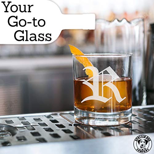 Etched Monogram 10.25oz Rocks Old Fashioned Lowball Glass for Whiskey Scotch Bourbon (Letter R)