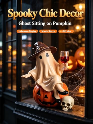 ChayWillow Halloween Ghost Sitting on Pumpkin Figurine with LED - image 3