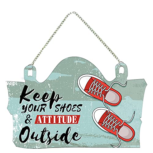 Artvibes Keep Your Shoes & Attitude Outside Printed Wooden Wall Hanging | Quotes Decor Item | Welcome Hanging For Door Entrance | Wall Poster | Door H