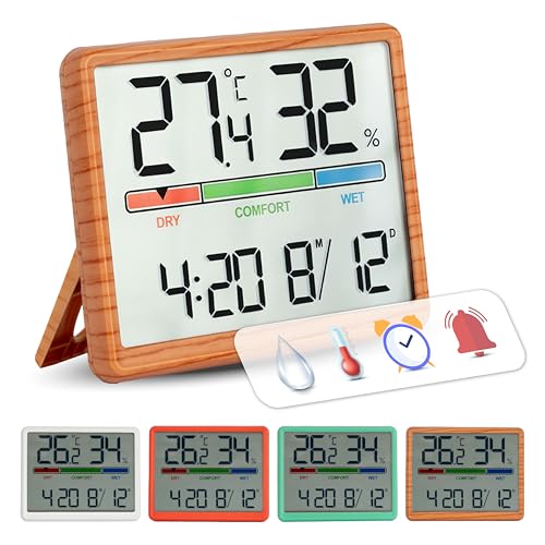 GIFTMARKET - Termómetro de interior digital. Termómetro digital con higrómetro. Indicador de confort, reloj y calendario. Termómetro de color madera. Ideal para hogar. ABS. Medidas: 9,3 x 7,2 x 1,6 cm