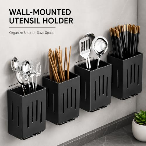Image of KitchAntiqueWall Mounted 3 Pc Utensil Holder with Hooks | Self Draining Cutlery Organizer, Adhesive Installation | Waterproof Kitchen Spoon Chopstick Storage Rack for Countertop & Wall Use (Black)